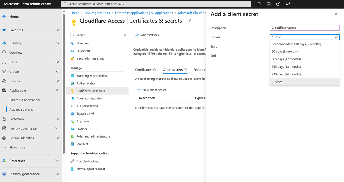 Screenshot of the certificates and secrets screen.