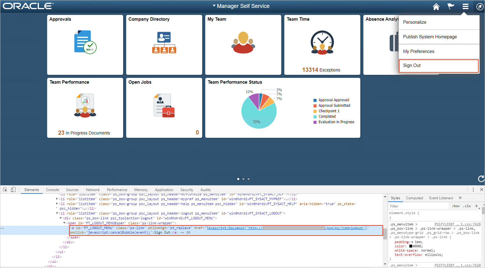 PeopleSoft ログアウト URL のスクリーンショット。