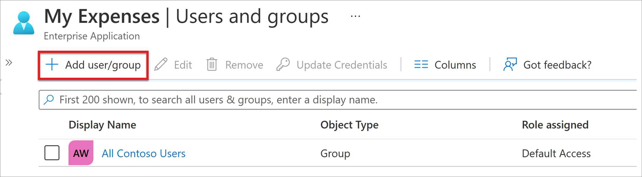 [ユーザーとグループ] の [ユーザーまたはグループの追加] オプションのスクリーンショット。