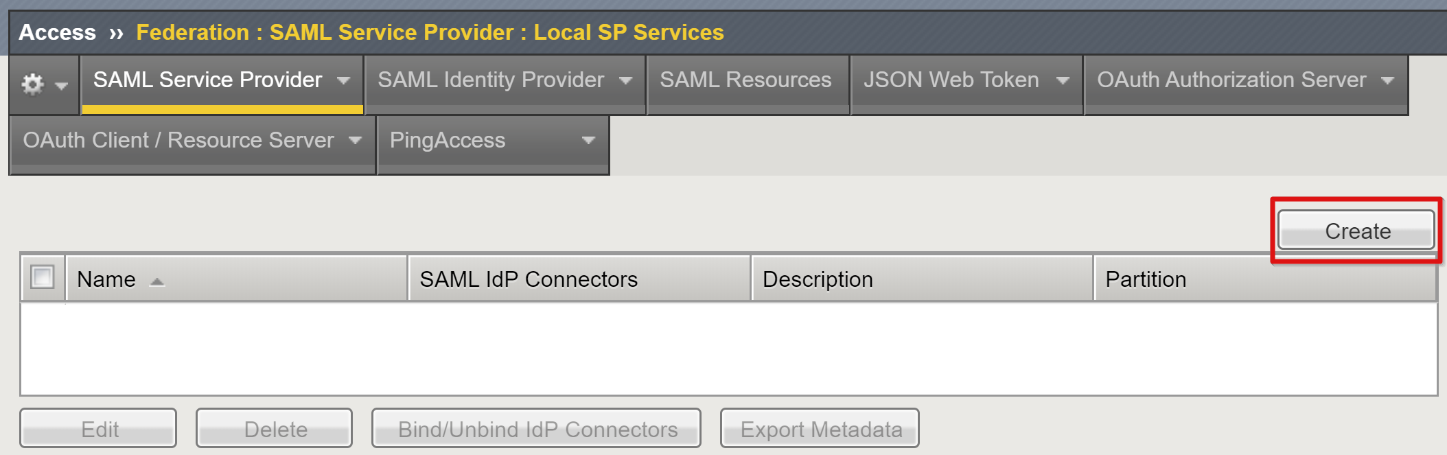 [Local SP Services] (ローカル SP サービス) ページの [Create] (作成) オプションのスクリーンショット。