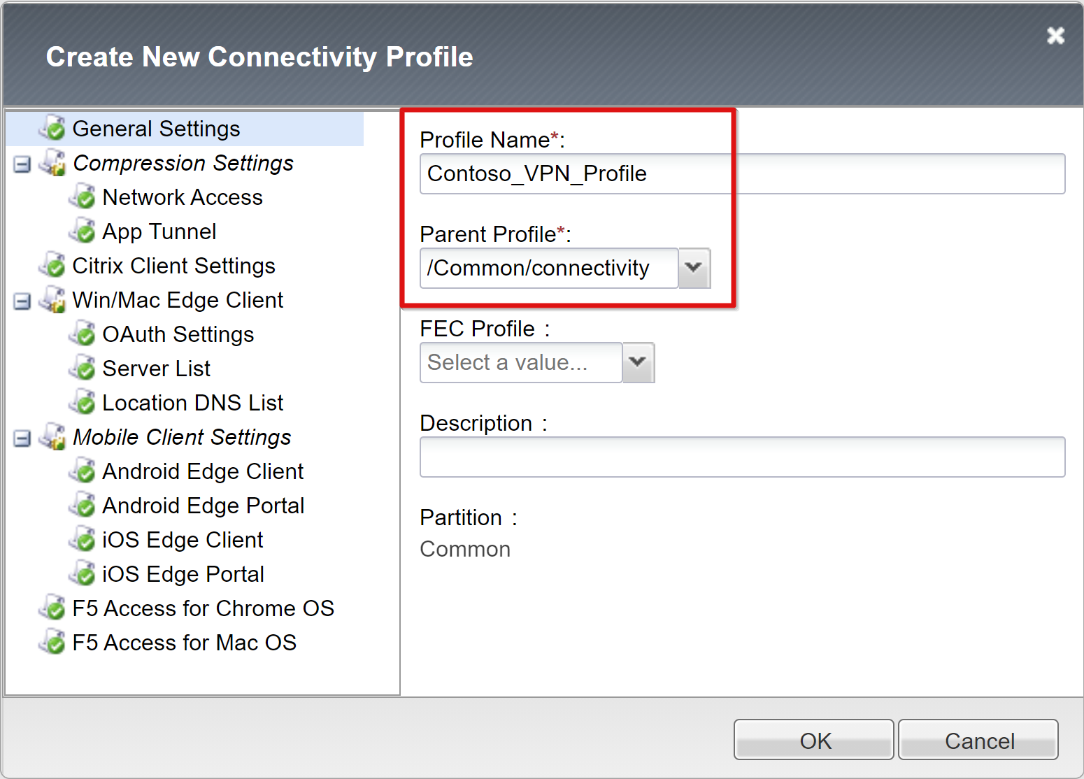 [Create New Connectivity Profile] (新しい接続プロファイルの作成) の [Profile Name] (プロファイル名) と [Parent Name] (親名) の入力のスクリーンショット。