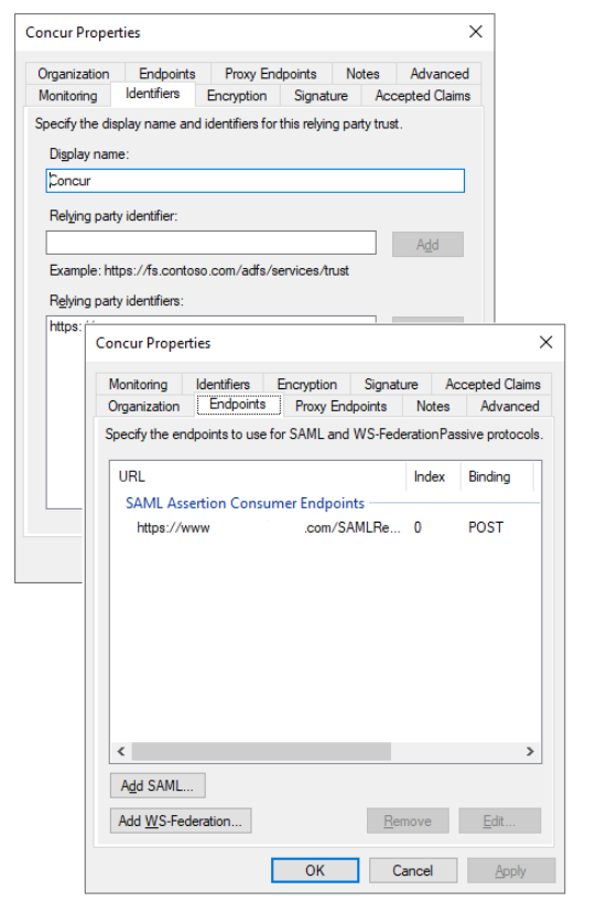 AD FS SAML 構成ウィンドウのスクリーンショット。