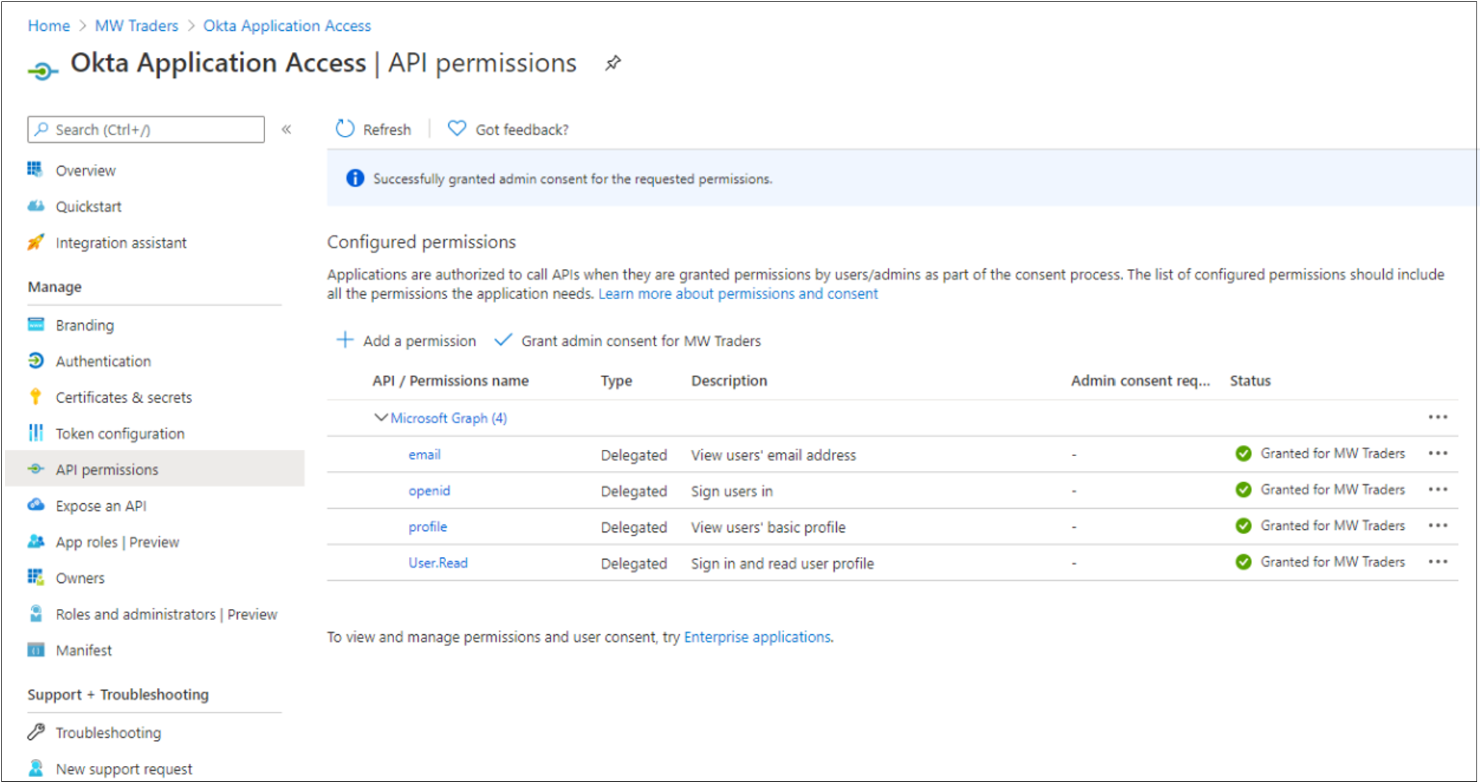 [API のアクセス許可] ページのスクリーンショット。同意の付与に関するメッセージが表示されています。