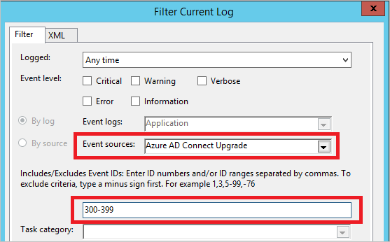 [現在のログをフィルター] ウィンドウで、[Event sources]\(イベント ソース\) および [Include/Exclude Event IDs]\(含める/除外するイベント ID\) が強調表示されているスクリーンショット。
