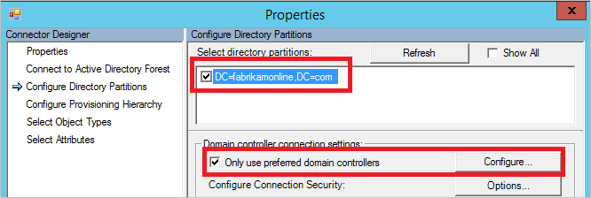 Active Directory コネクタで使用されるドメイン コントローラー