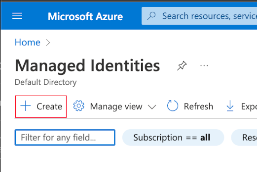 Screenshot showing a managed identity create button in the portal.