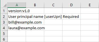 管理単位へ一括でユーザーを追加するための編集された CSV ファイルのスクリーンショット。