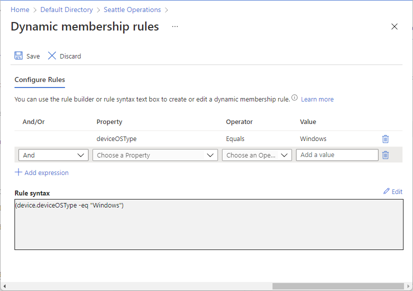 Screenshot of Dynamic membership rules page showing rule builder with property, operator, and value.