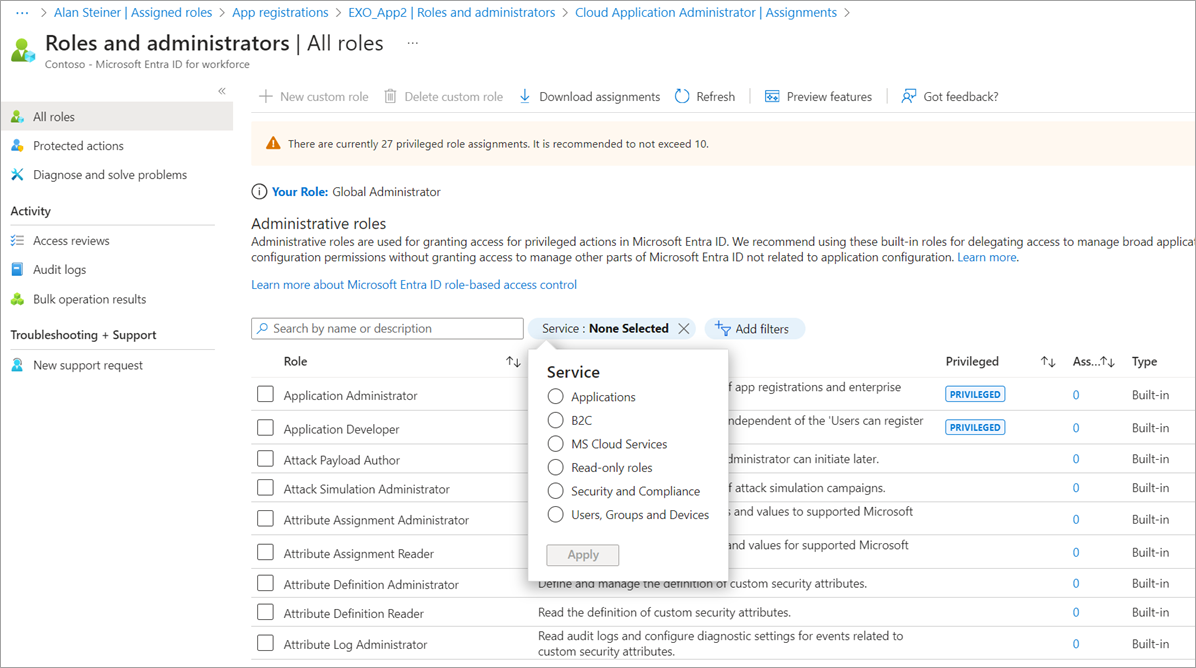 Roles and administrators page in admin center with Service filter open.