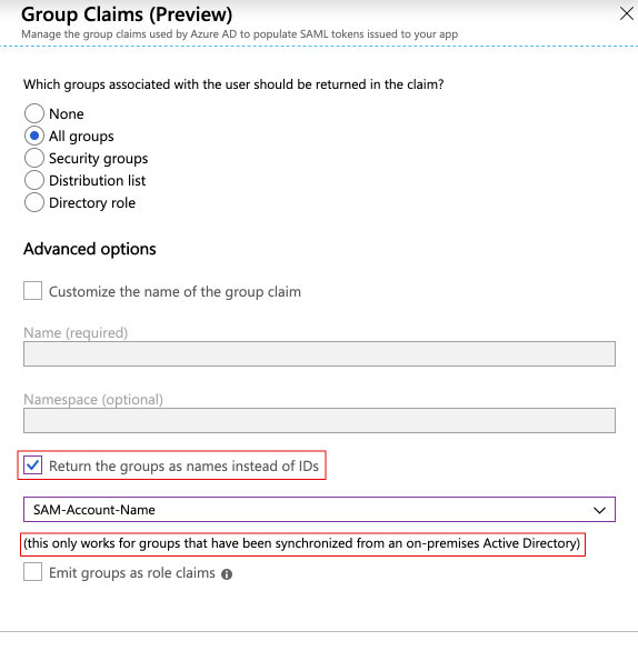 Screenshot shows the Groups claim name settings.