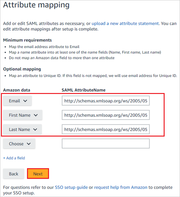 Screenshot shows Attribute mapping, where you can edit your Amazon data SAML attribute names.
