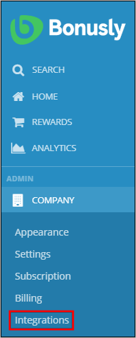 Bonusly メニューのスクリーンショット。[Admin]\(管理者\) の下の [Company]\(会社\) が強調表示されています。[Company]\(会社\) の下の [Integrations]\(統合\) が強調表示されています。