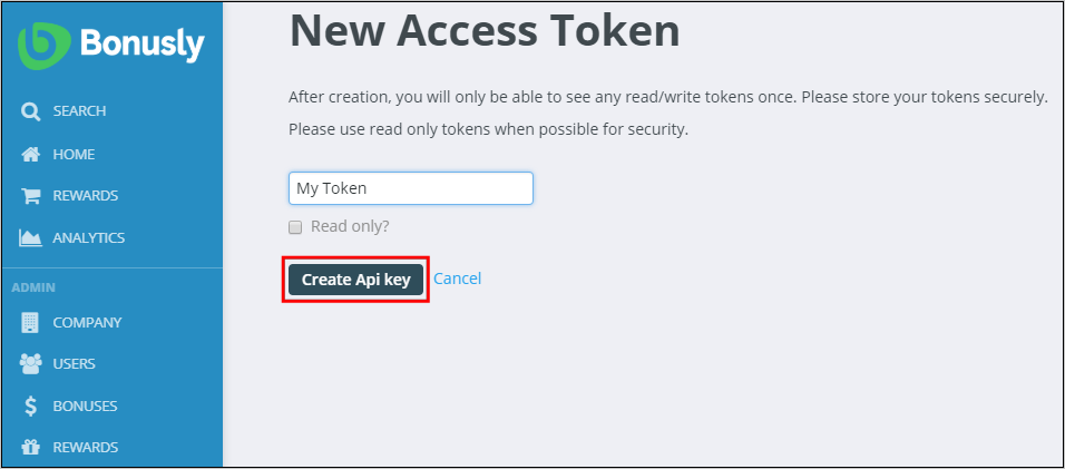 Bonusly サイトの [New access token]\(新しいアクセス トークン\) ページのスクリーンショット。ラベル付けされていないボックスには 