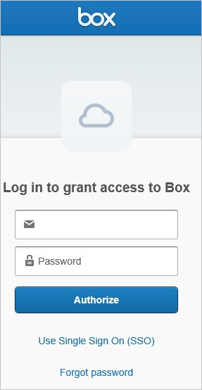 Screenshot of the Log in to grant access to box screen, showing entry for Email and Password, and the Authorize button.