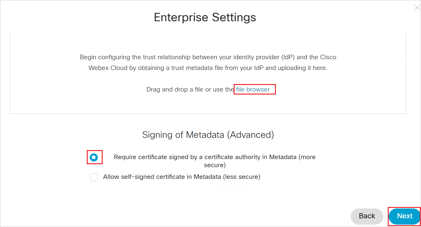スクリーンショットは、[Import Idp Metadata] \(IdP メタデータのインポート) ページを示しています。