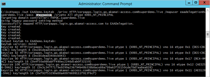 管理者コマンド プロンプトのスクリーンショット。AKAMAI EAA の Keytab ファイルを作成するためのコマンドの結果が表示されている。