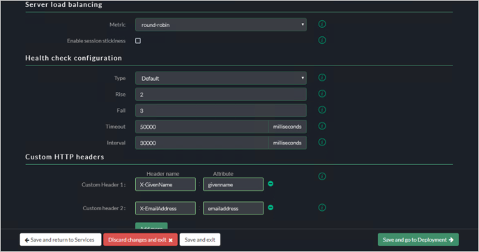 Akamai EAA コンソールの [Advanced Settings]\(詳細設定\) タブのスクリーンショット。右下隅に [Save and go to Deployment]\(保存してデプロイに移動\) ボタンが表示されている。