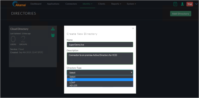 Akamai EAA コンソールの [Directories]\(ディレクトリ\) ウィンドウのスクリーンショット。[Create New Directory]\(新しいディレクトリの作成\) ダイアログが表示され、[Directory Type]\(ディレクトリ タイプ\) のボックスの一覧では [AD] が選択されている。