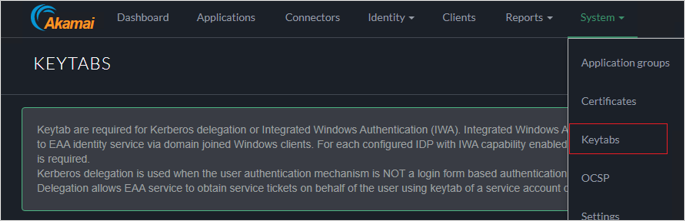 Akamai EAA コンソールのスクリーンショット。[System]\(システム\) メニューから [Keytabs]\(keytab\) を選択したところ。