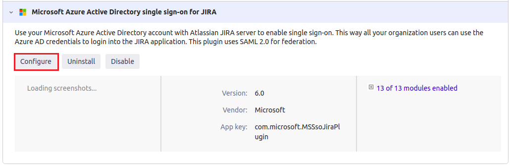 [構成] が選択されている [Microsoft Entra SAML Single Sign-on for Jira] (Jira 用の Microsoft Entra SAML シングル サインオン) セクションを示すスクリーンショット。