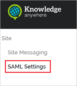 Screenshot shows the Knowledge anywhere page with SAML Settings selected.