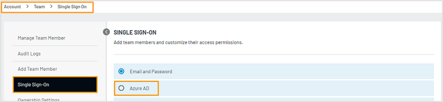 LoginRadius の [Team Management]\(チーム管理\) コンソールにあるシングル サインオン メニューを示すスクリーンショット