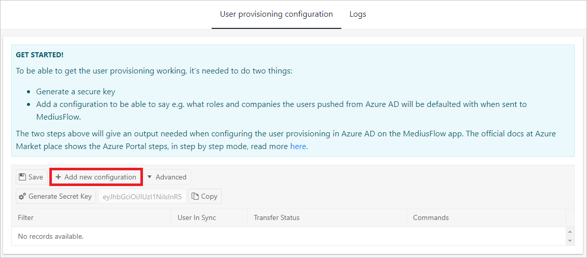 MediusFlow 管理コンソールの [User provisioning configuration]\(ユーザー プロビジョニングの構成\) タブのスクリーンショット。[Add new configuration]\(新しい構成の追加\) ボタンが強調表示されています。