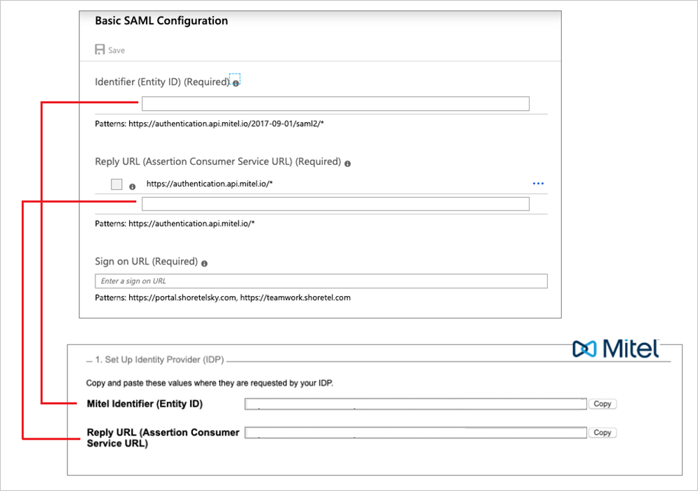 Azure portal の [基本的な SAML 構成] および Mitel アカウント ポータルの [ID プロバイダーの設定] セクションを示すスクリーンショット。それらの関係が線で示されています。