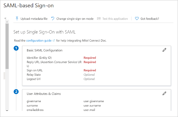 [SAML ベースのサインオン] ページを示すスクリーンショット。[基本的な SAML 構成] が表示されています。