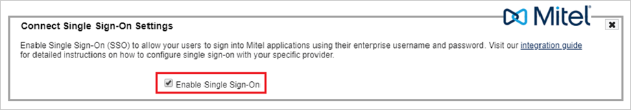 Mitel の [Connect Single Sign-On Settings]\(Connect シングル サインオン設定\) ページのスクリーンショット。[Enable Single Sign-On]\(シングル サインオンを有効にする\) チェック ボックスがオンになっています。