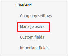 スクリーンショットは、[Company]\(会社\) メニューで [Manage users]\(ユーザーの管理\) が選択されていることを示しています。
