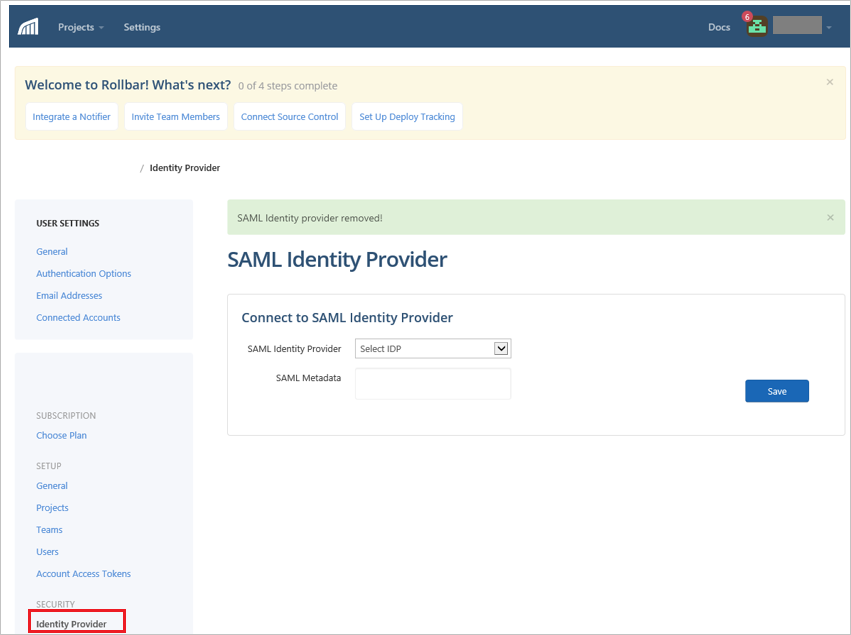 Screenshot shows Identity Provider selected under SECURITY.