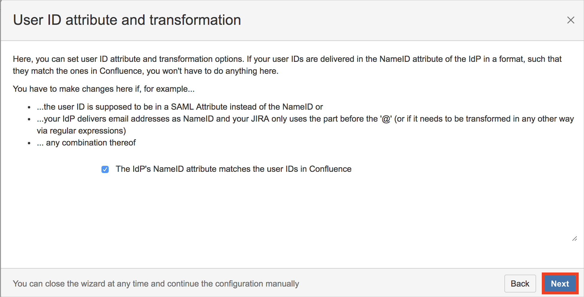 [User I D attribute and transformation]\(ユーザーの I D 属性と変換\) ページを示すスクリーンショット。[Next]\(次へ\) ボタンが選択されています。