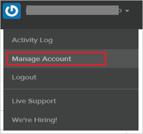 StatusPage 企業サイトから選択された [Manage Account]\(アカウントの管理\) のスクリーンショット。