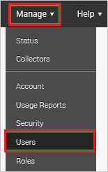 Screenshot shows Users selected from the Manage menu.