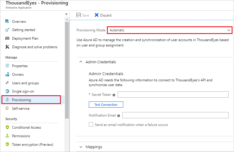 Screenshot shows the Provisioning tab for ThousandEyes with Automatic selected for Provisioning Mode.