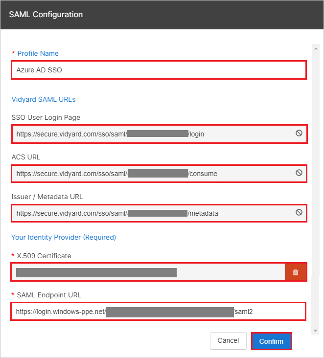 Screenshot shows the SAML Configuration section where you can enter the values described.