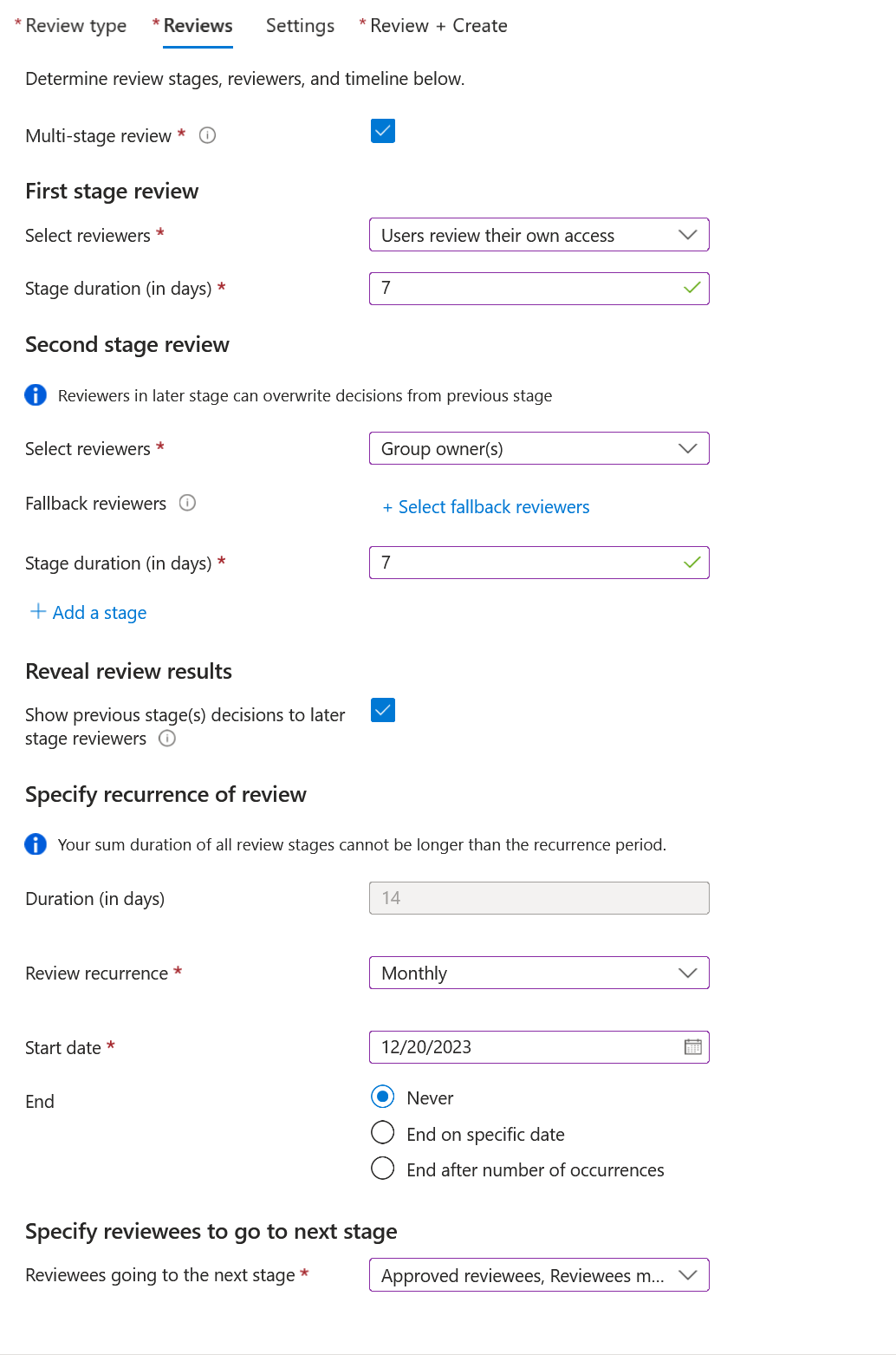 スクリーンショットは、ゲストが継続的なアクセスを自己証明するためのマルチステージ レビューの最初のステージ レビューを示しています。