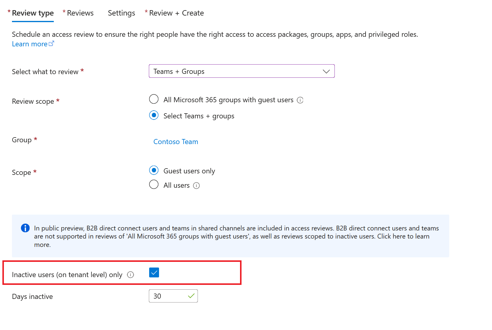 非アクティブな外部ゲストを削除するレビューの種類ダイアログを示すスクリーンショット。