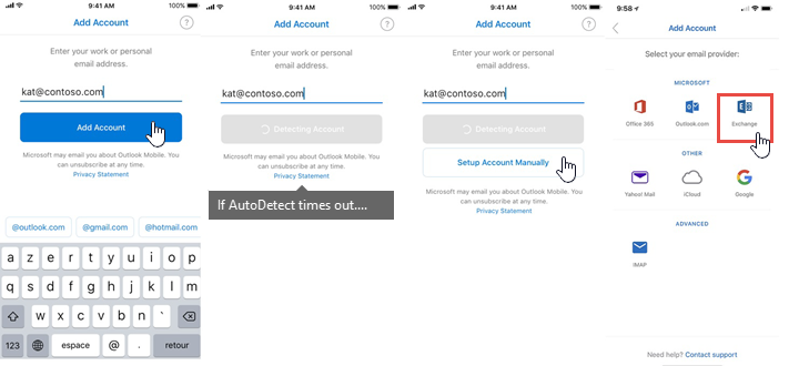 iOS と Android 用の Outlook の Manaul アカウントのセットアップ。