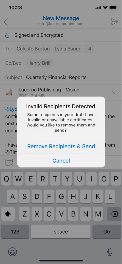 受信者証明書に関する Outlook for iOS 警告のスクリーンショット。