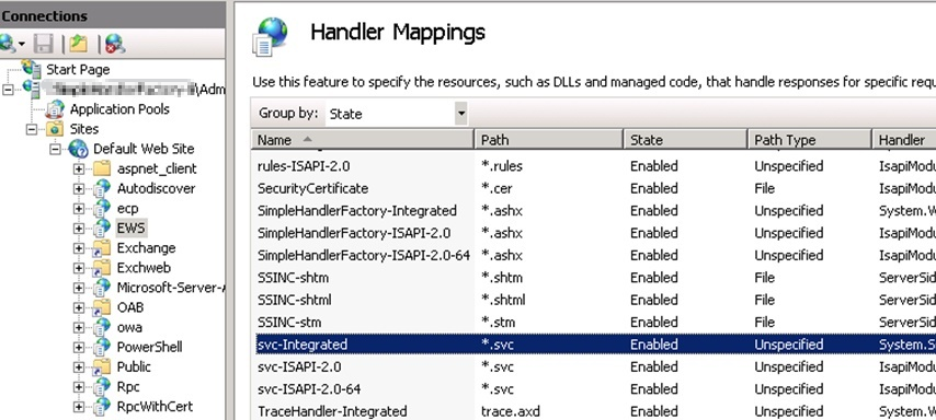 IIS での svc-Integrated ハンドラー マッピングの例のスクリーンショット。
