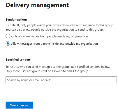内部メンバーと外部メンバーを送信者として設定できるようにするオプションをユーザーが選択する画面。