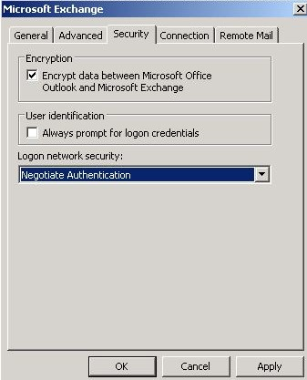 [Microsoft Office Outlook と Microsoft Exchange の間でデータを暗号化する] が選択されたスクリーンショット。