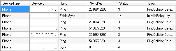 ActiveSync エラークエリ結果の詳細を含む要求のスクリーンショット。