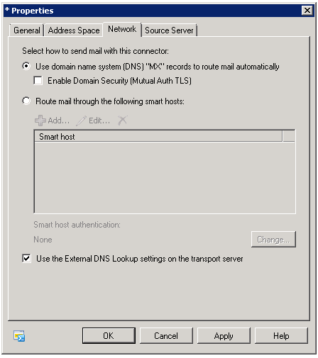 [トランスポート ロール] オプションで [サーバーで外部 DNS 参照設定を使用する] を選択したスクリーンショット。