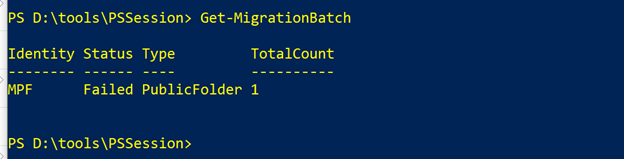 Get-MigrationBatch-command のスクリーンショット。