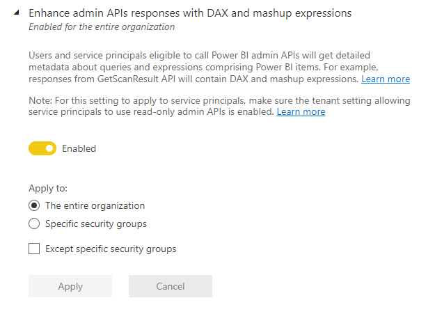 DAX およびマッシュアップ式テナント設定を使用した管理者 API 応答の強化のスクリーンショット。