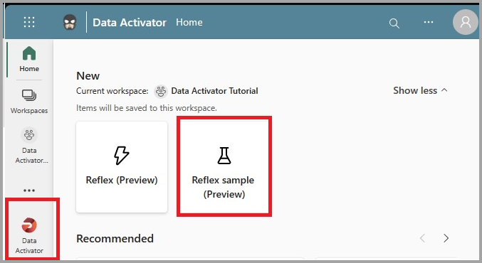 Data Activator のチュートリアル データの Relfex サンプルを選択する。