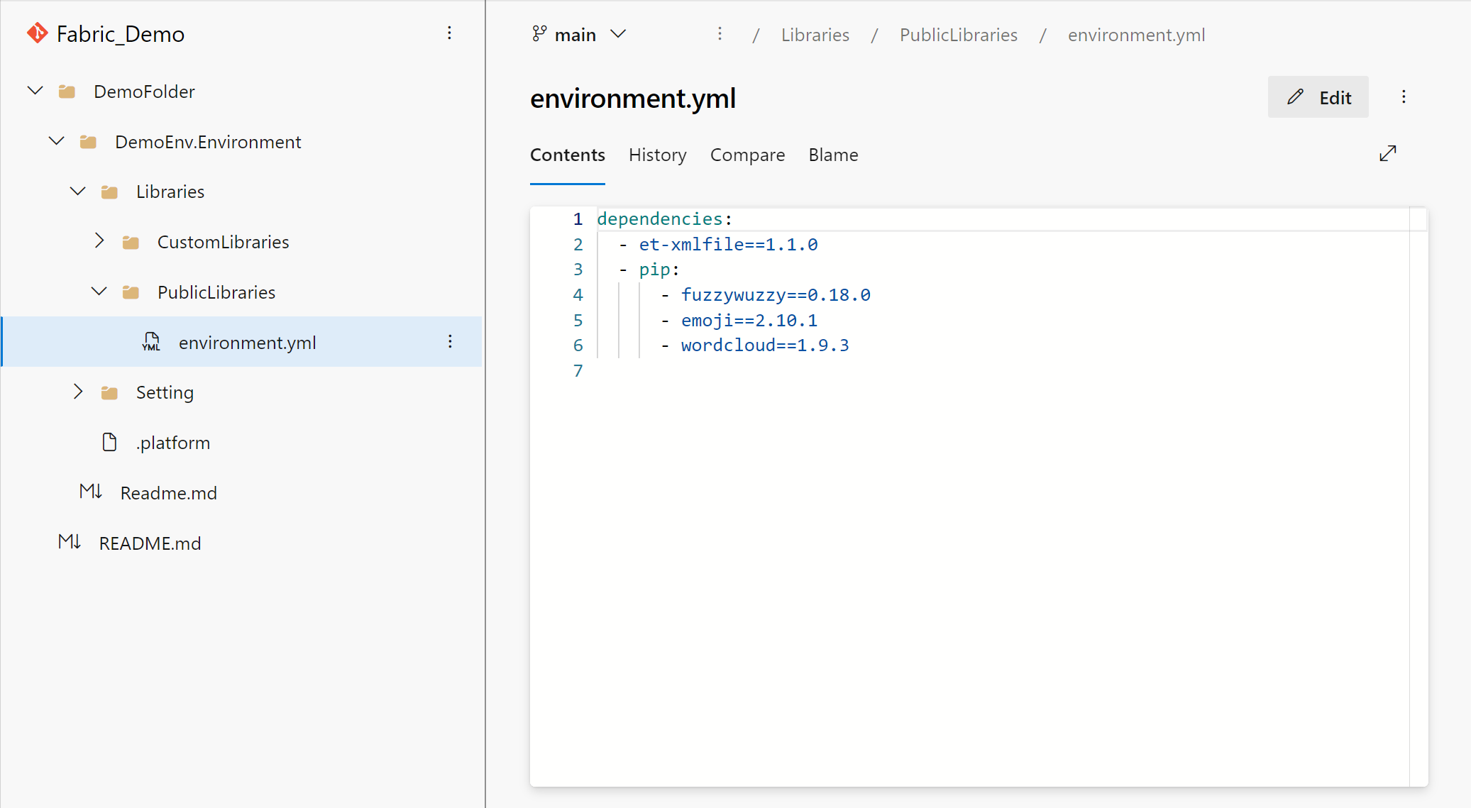 Git における環境の公開用ライブラリのローカル表現のスクリーンショット。